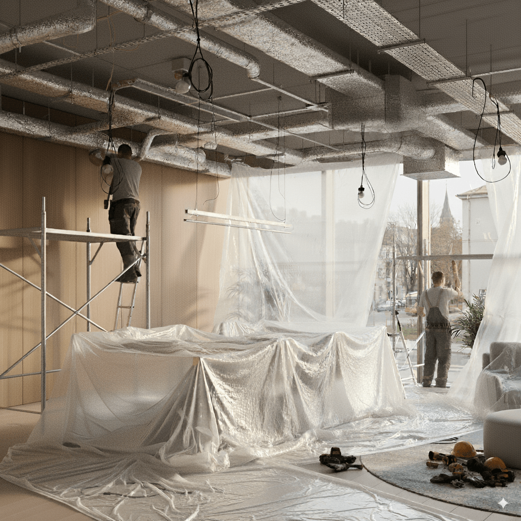 Nowoczesne, jasne wnętrze biurowe z minimalistycznym designem i ledwo widoczną, prostokątną kratką klimatyzacji kanałowej w suficie podwieszanym.