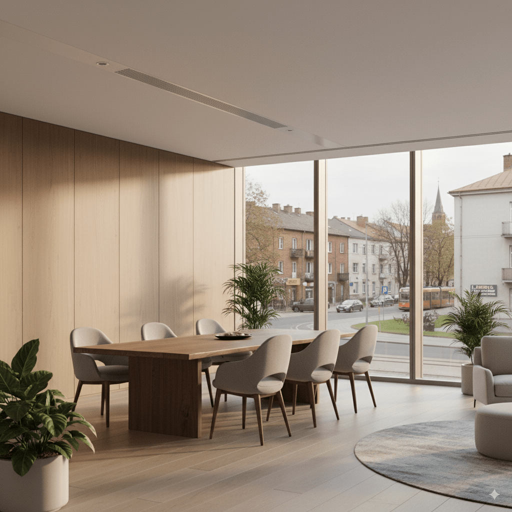 Nowoczesne, jasne wnętrze biurowe z minimalistycznym designem i ledwo widoczną, prostokątną kratką klimatyzacji kanałowej w suficie podwieszanym.